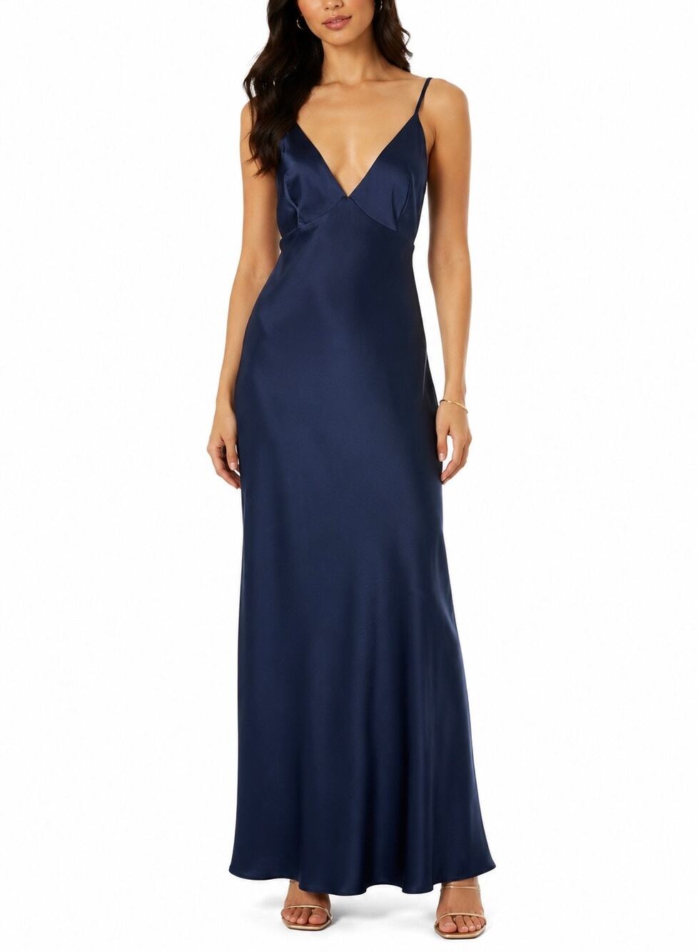 ModCloth Navy Satin Maxi Slip Dress Size 6 Cowl Back Formal Evening Gown